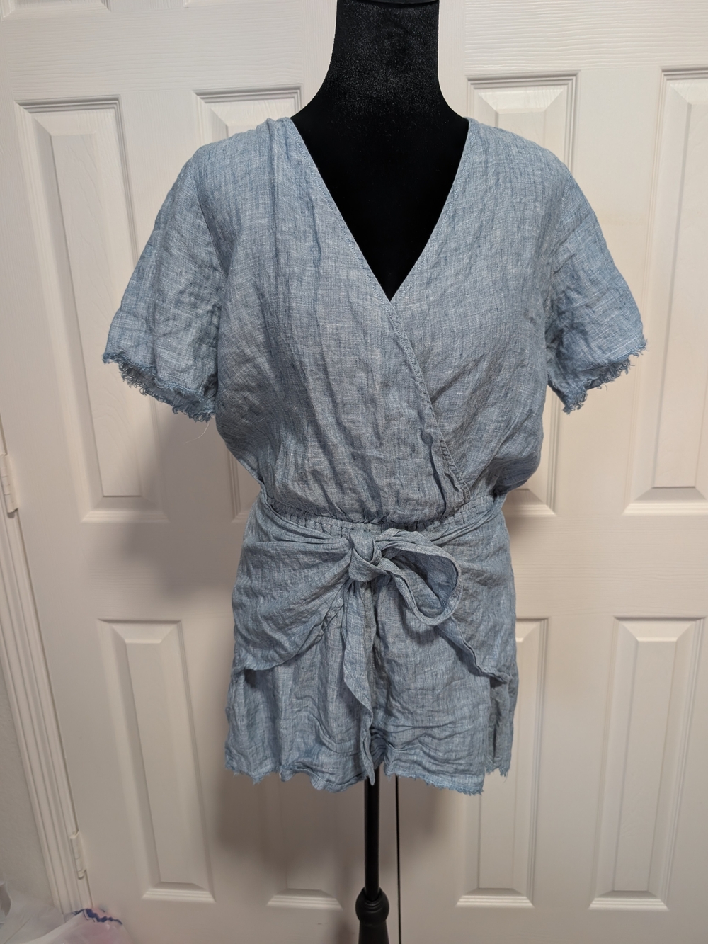 Anthropologie Light Blue Linen-Blend Wrap Romper with Waist Tie
